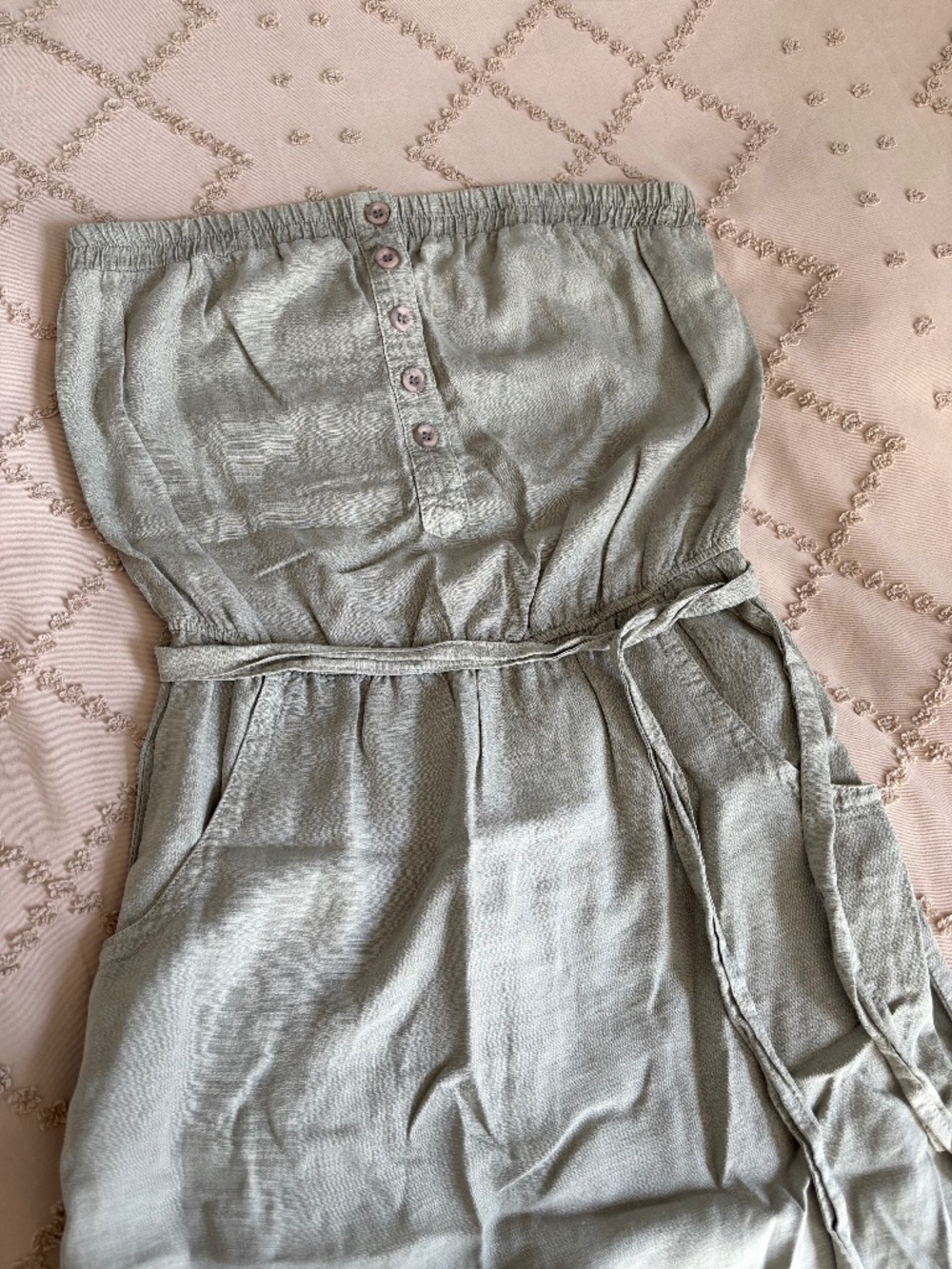 Coastal Beachy Strapless Button Front Tie Waist Midi Dress M